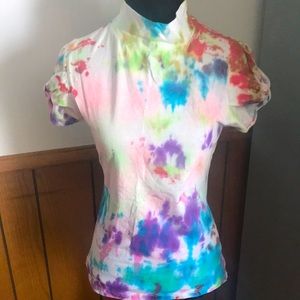 Illusion Tie Dye Mock Neck Puff Sleeve T Shirt Large